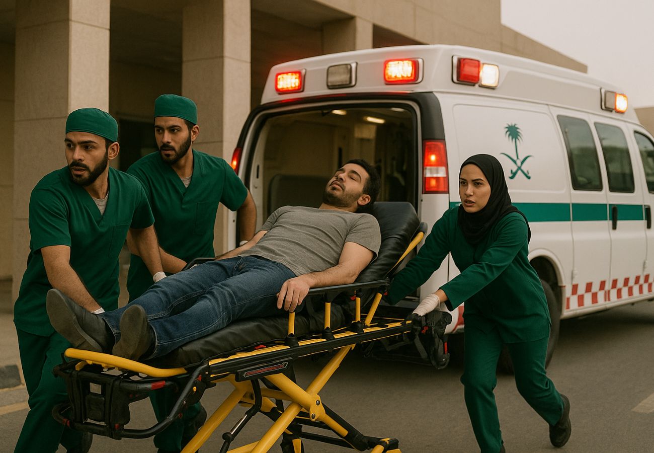 A medical team moving a patient on a stretcher to a waiting ambulance