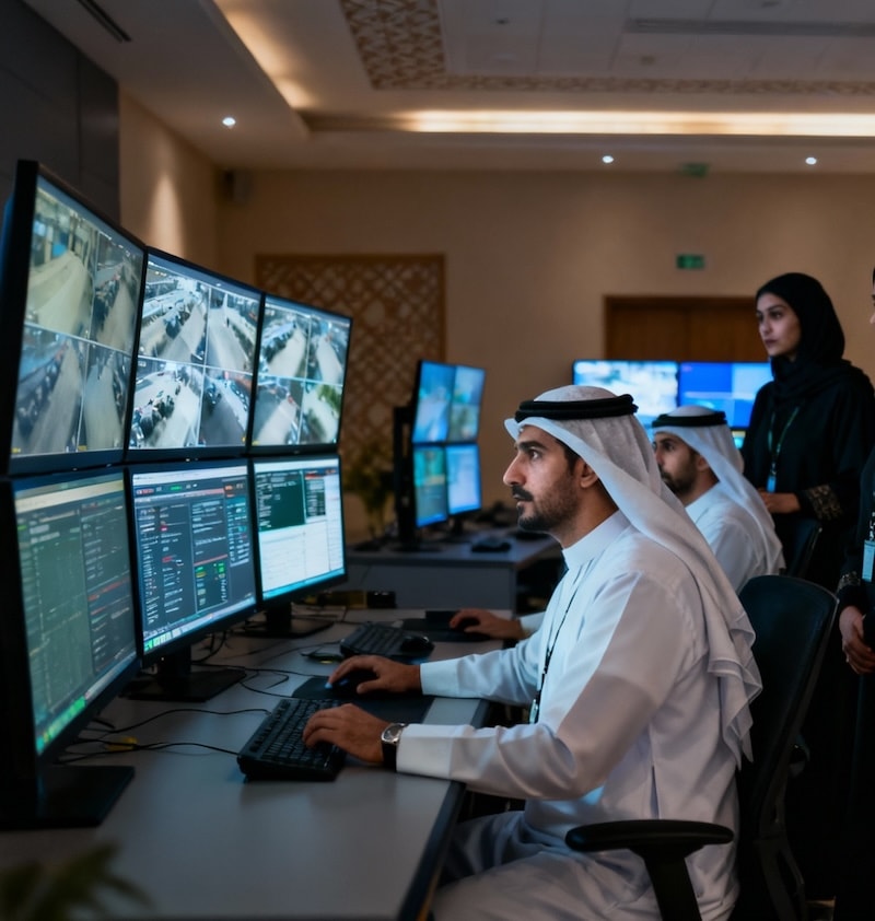 An operator at a control room desk monitoring multiple incident feeds