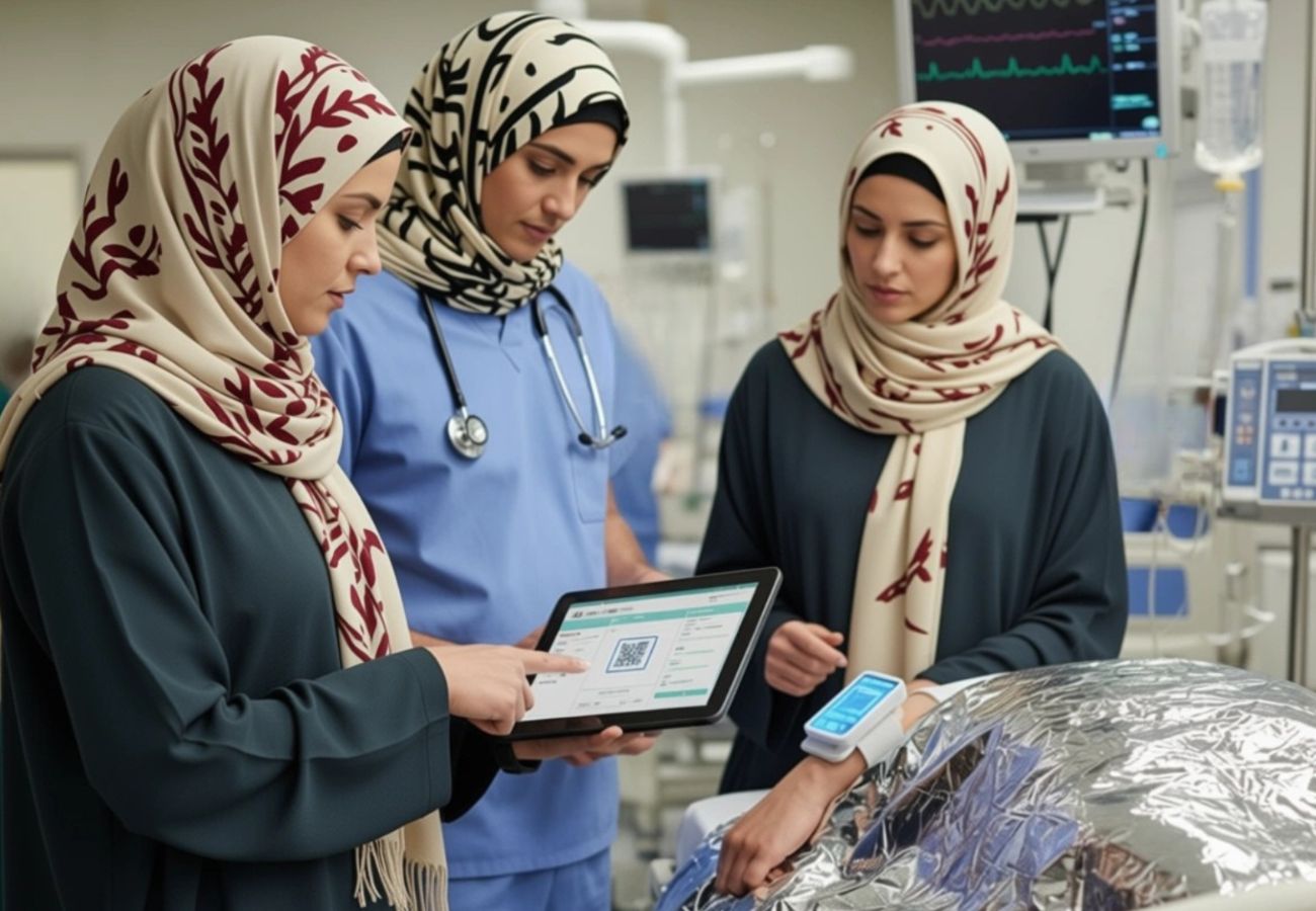 Clinicians reviewing patient information on a tablet at the bedside
