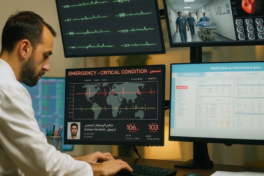 An operator tracking live patient vitals and a critical condition alert across an emergency dashboard