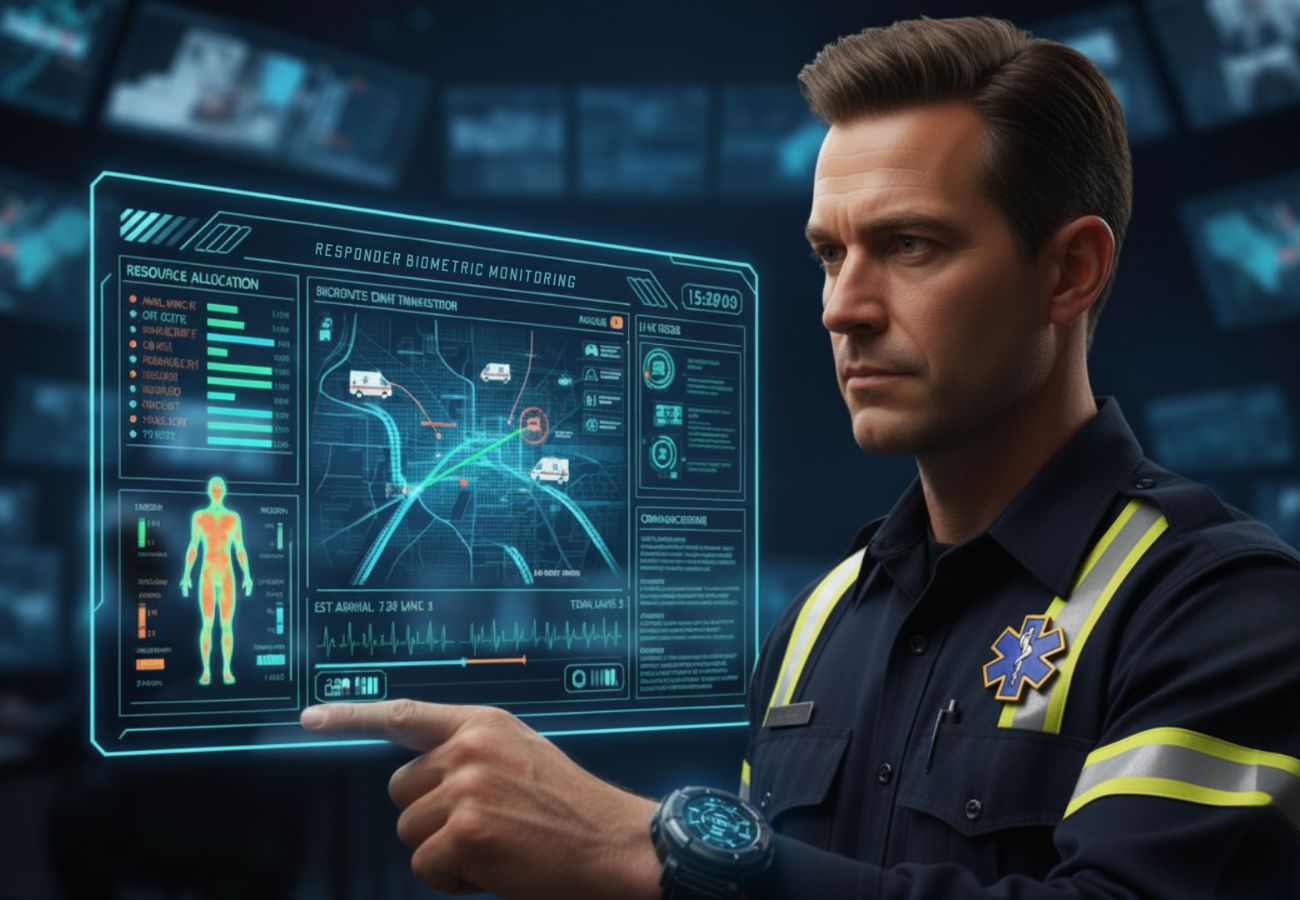 A paramedic assessing a patient through an on-screen diagnostic overlay