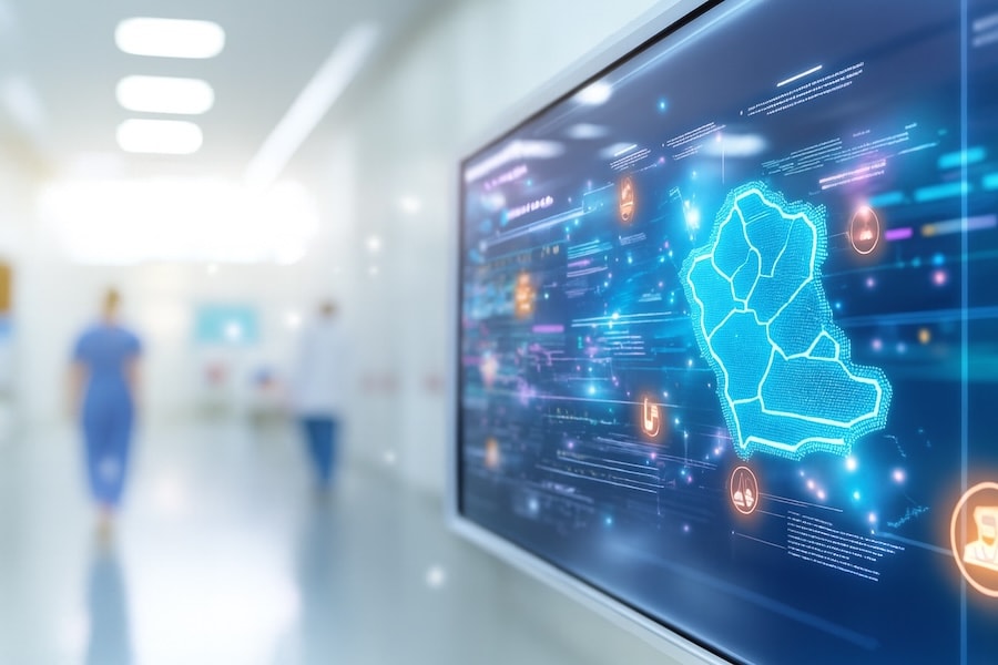 A digital incident map on a large display in a hospital corridor
