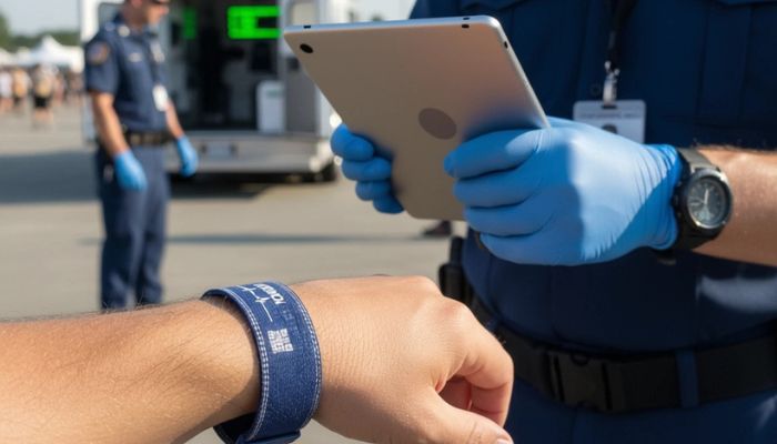 A patient wristband scanned at an event medical post