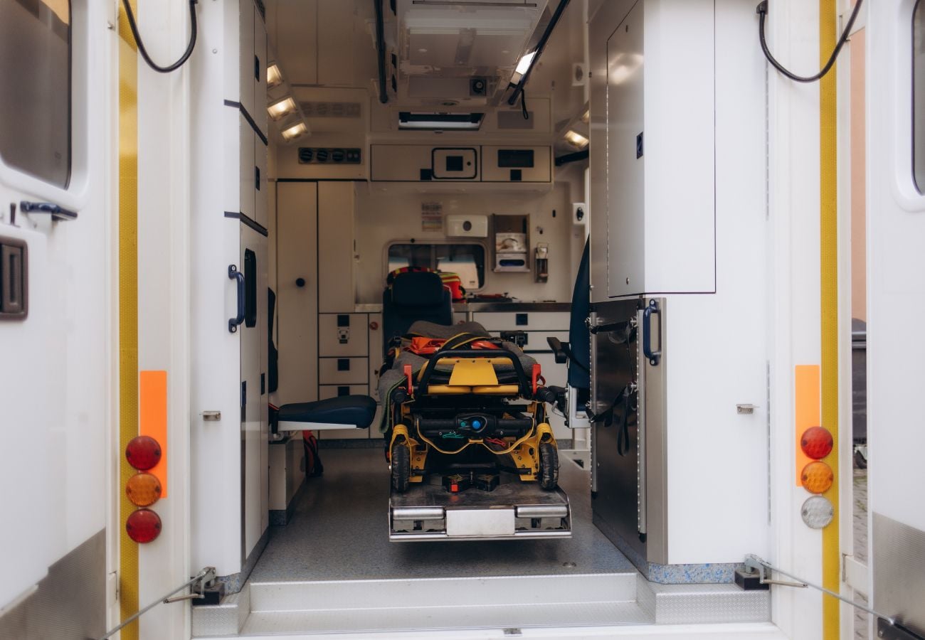 The interior of an ambulance prepared for an interfacility transfer